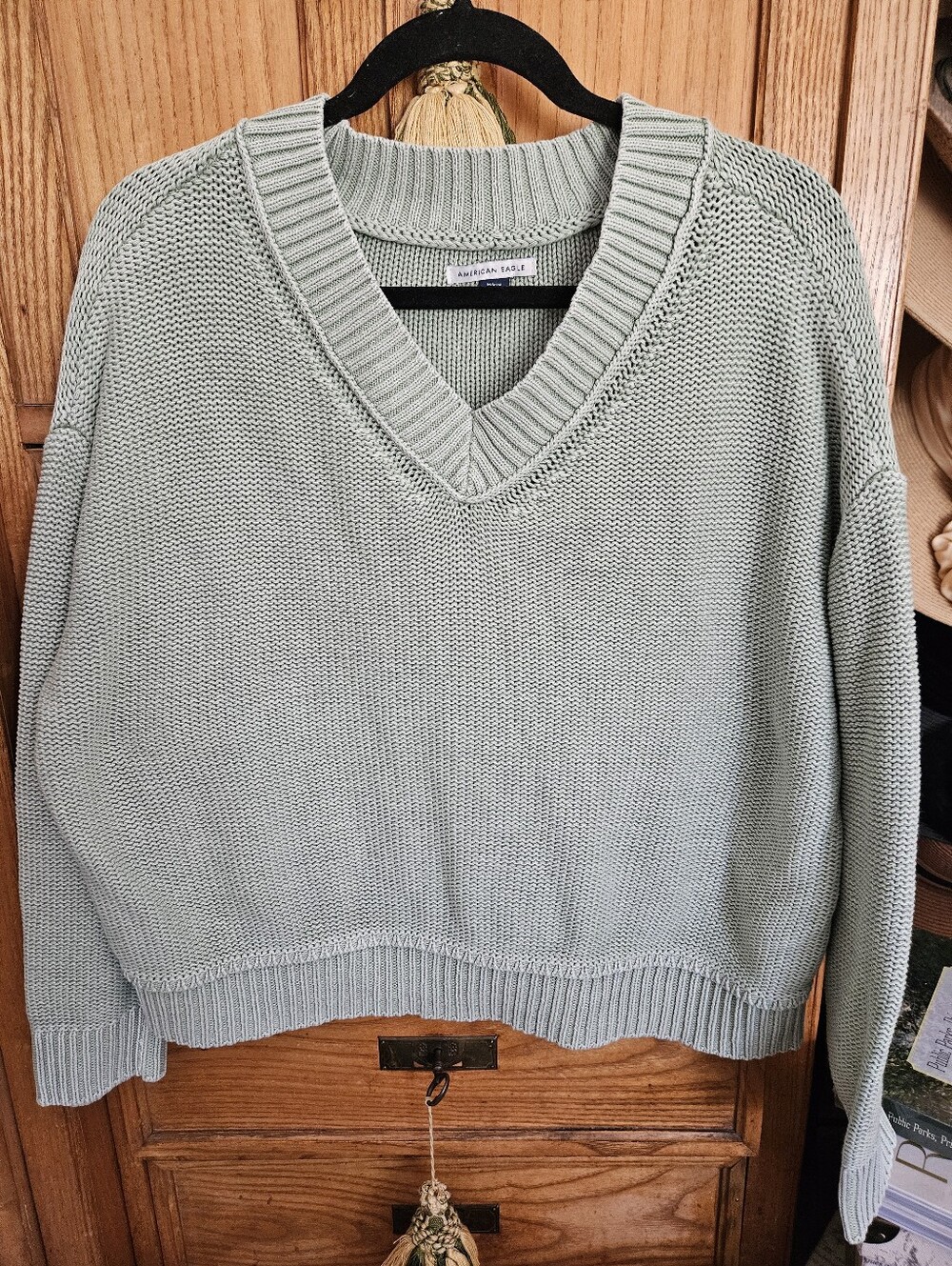 American Eagle V Neck Sweater Sage Medium (Would Fit Large) Cotton